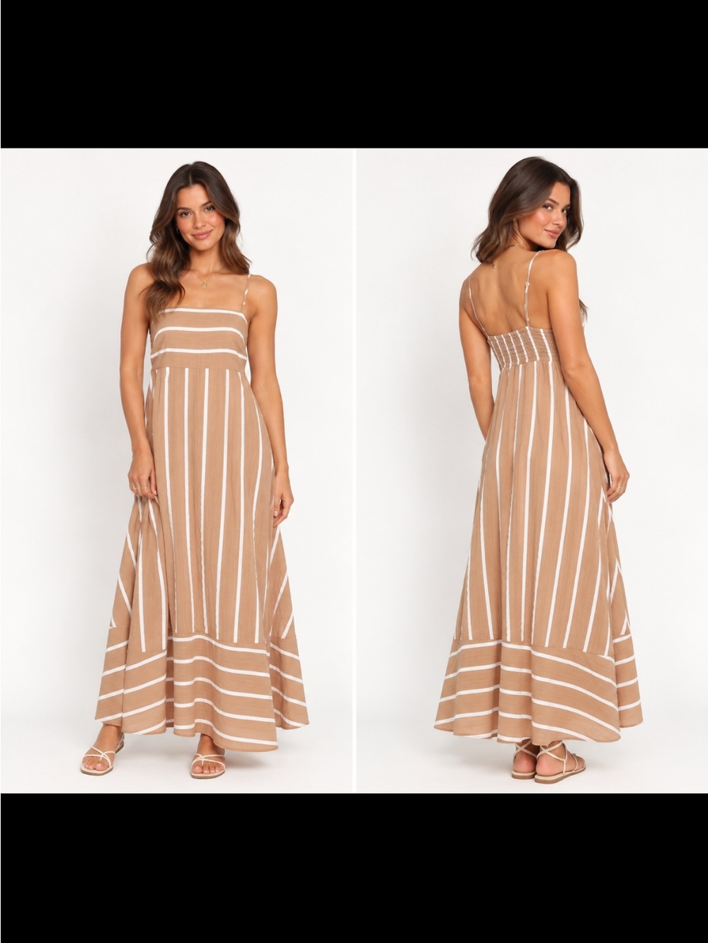 Petal & Pup Tan and White Striped Maxi Dress with Spaghetti Straps